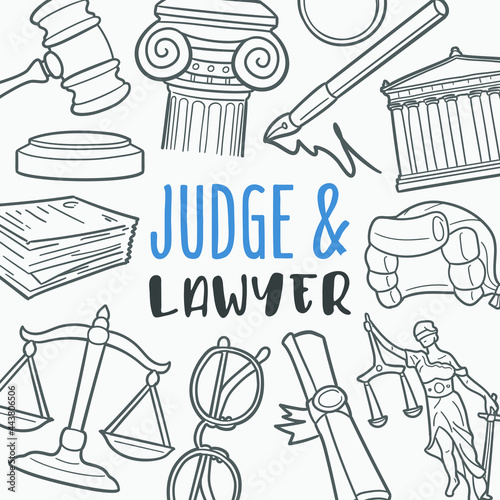 Judge And Lawyer Doodle Banner Icon. Protection Vector Illustration Hand Drawn Art. Line Symbols Sketch Background.