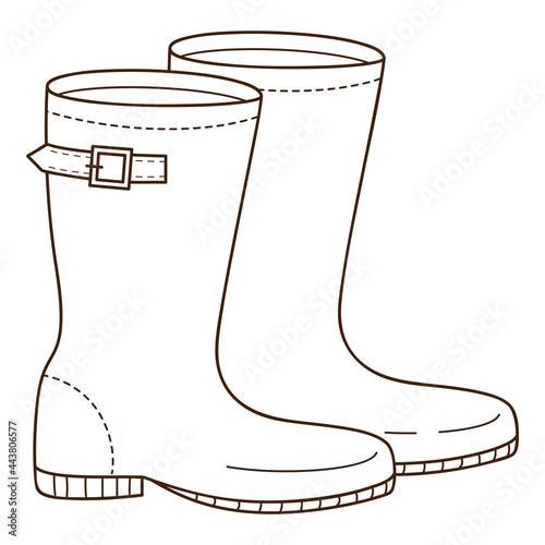 Yellow rubber boots with a strap. Footwear.. Design element with outline. The theme of winter, autumn. Doodle, hand-drawn. Black white vector illustration. Isolated on a white background