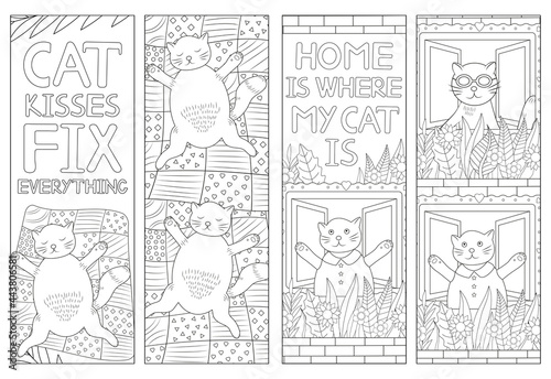 Cat coloring. Coloring bookmarks. Funny animal.