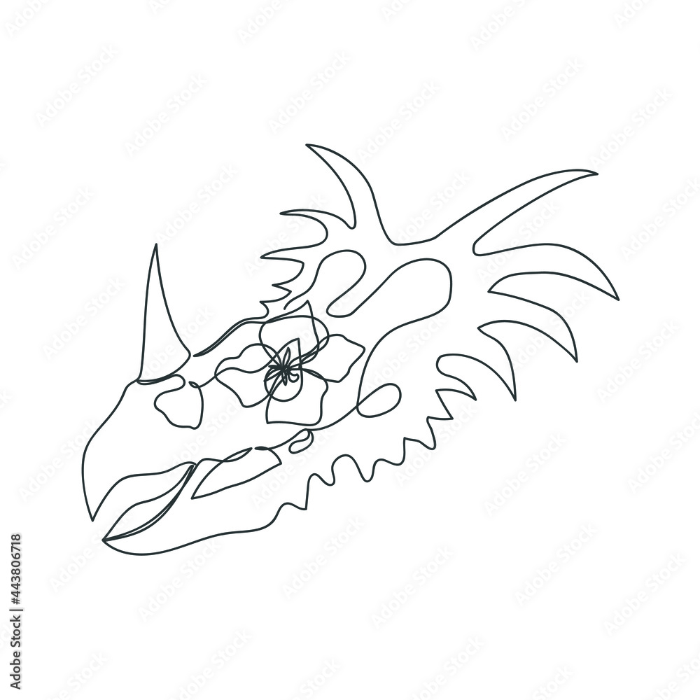 Skull of a Styracosaurus with a flower in its eye socket drawn by a continuous line. Dinisaur sketch. Abstract. Minimal print. Modern art. Vector illustration in graphic style. Skull of a Styracosaurus with a flower in its eye socket drawn by a continuous line. Dinisaur sketch. Abstract. Minimal print. Modern art. Vector illustration in graphic style.