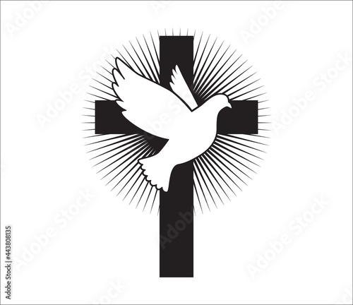 Dove flying with a Symbol of Religion. Cross. Dove Of Peace. Vector. Holy Spirit. Church logo.