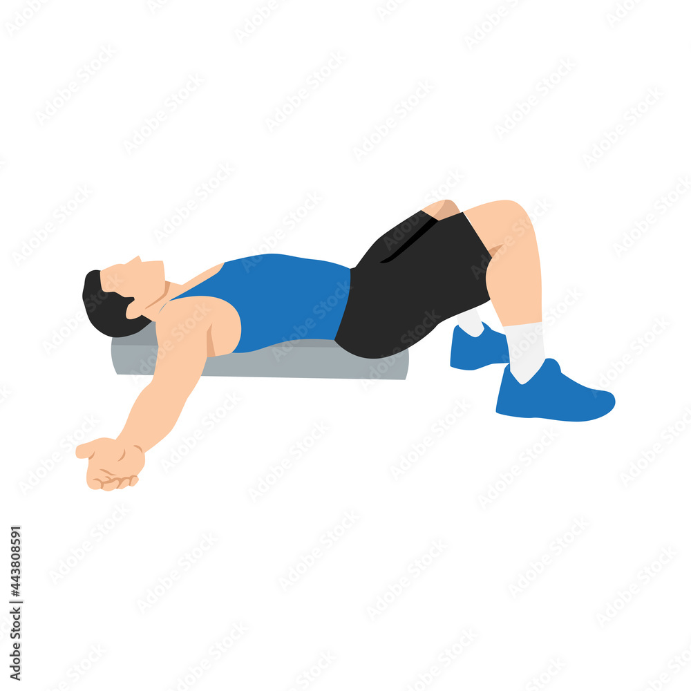 Man doing Foam roller chest opener chest exercise. Flat vector