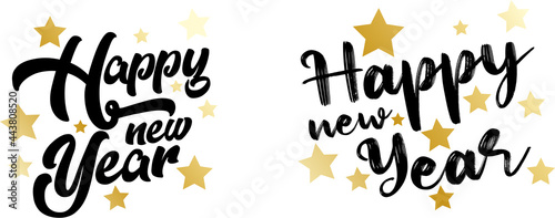 Text set: happy new year black with gold stars without background. Can be used as a poster or banner