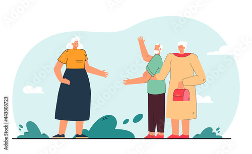 Old woman jealous of husband. Wife holding arm of elderly person greeting lady in street flat vector illustration. Age, relationship, jealousy concept for banner, website design or landing web page