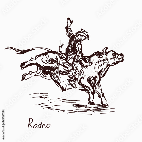 Rodeo, cowboy on bull, woodcutstyle ink drawing illustration with inscription