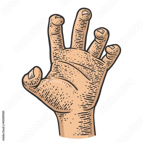 hand grasping color line art sketch engraving vector illustration. T-shirt apparel print design. Scratch board imitation. Black and white hand drawn image.