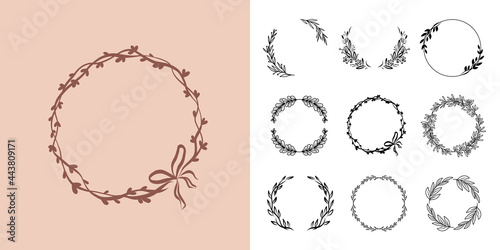 Collection of elegant floral wreaths. Floral round frames from flowers, branches and leaves, laurel. Decorative elements for design. Vector illustration  isolated on white background