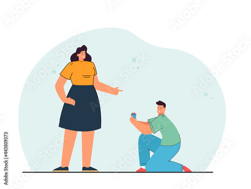 Cartoon boyfriend proposing to girlfriend. Man kneeling in front of woman, holding box with ring flat vector illustration. Romance, love, relationship concept for website design or landing web page