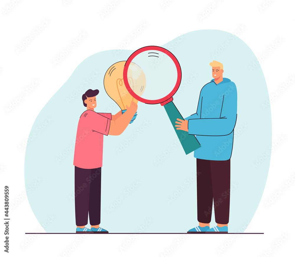 Colleagues searching for new ideas together. Man studying lightbulb with magnifier flat vector illustration. Teamwork, inspiration, startup, brainstorming concept for banner, website design Colleagues searching for new ideas together. Man studying lightbulb with magnifier flat vector illustration. Teamwork, inspiration, startup, brainstorming concept for banner, website design