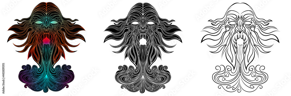 Three variants of the tattoo of a mythical abstract old man or wizard. Silhouettes of a man with water or air flowing out of his mouth. Set of 3 illustrations of a mage. Vector illustration. Three variants of the tattoo of a mythical abstract old man or wizard. Silhouettes of a man with water or air flowing out of his mouth. Set of 3 illustrations of a mage. Vector illustration.