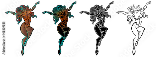 Four variants of the tattoo of a mythical abstract flying or lying girl. Silhouettes of a muscular woman jumping. Virgo. Set of 4 illustrations of a mistic girl. Vector illustration.