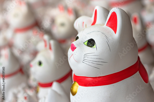 Closeup on a kawaii Japanese manekineko cat lucky charm sculpture depicting to the famous beckoning cat offered by worshippers in the buddhist gotokuji zen temple. photo