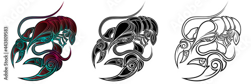 Three variants of the tattoo of a mythical abstract lobster. Silhouettes of a Cancer. Crayfish. Set of 3 illustrations of a crawfish. Vector illustration.