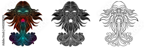 Three variants of the tattoo of a mythical abstract old man or wizard. Silhouettes of a man with water or air flowing out of his mouth. Set of 3 illustrations of a mage. Vector illustration.