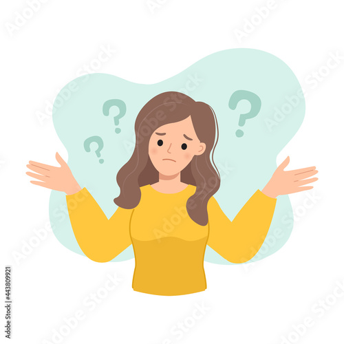 Woman lift her hands with confused expression. Uncertainty and doubt concept