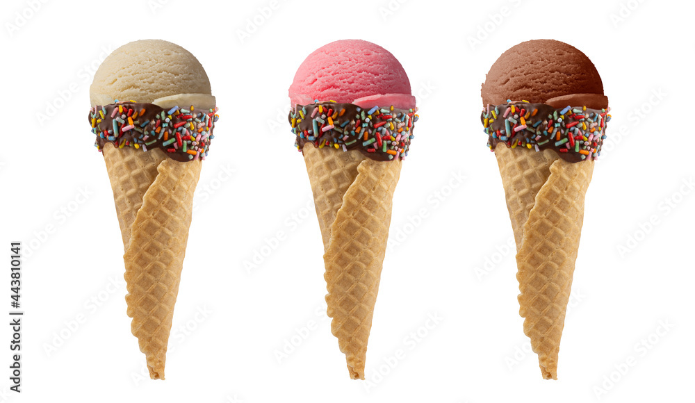 Ice cream in cone vanilla, strawberry and chocolate flavors isolated on white background. Ice cream in cone vanilla, strawberry and chocolate flavors isolated on white background.