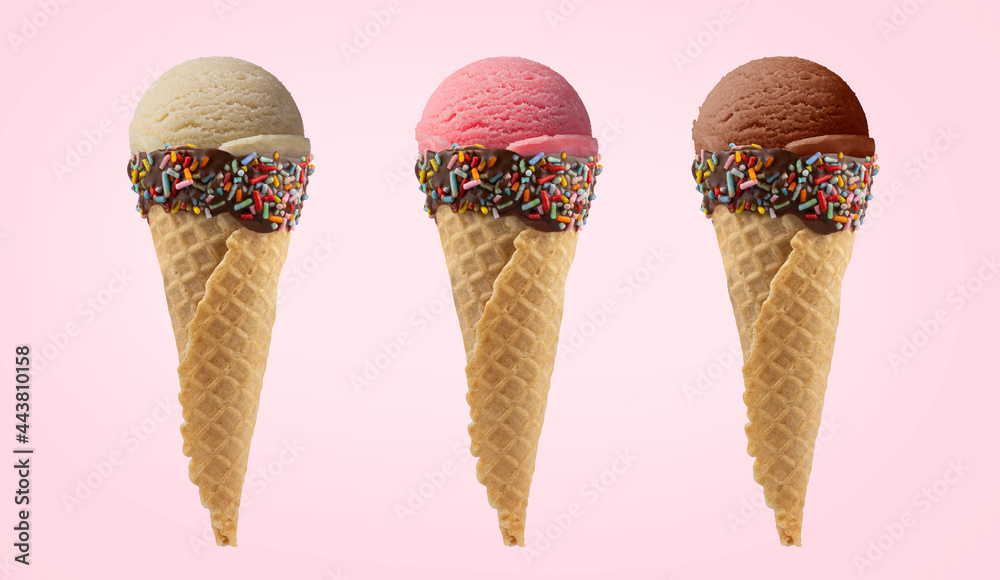Ice cream in cone vanilla, strawberry and chocolate flavors isolated on pink background. Ice cream in cone vanilla, strawberry and chocolate flavors isolated on pink background.