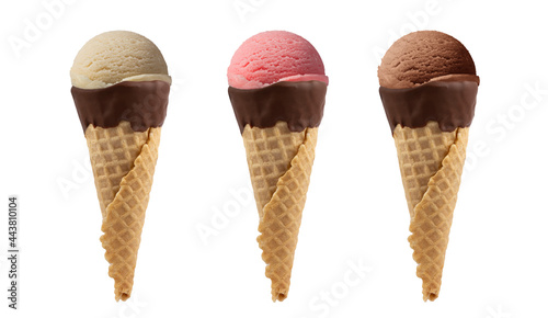 Ice cream in cone vanilla, strawberry and chocolate flavors isolated on white background.