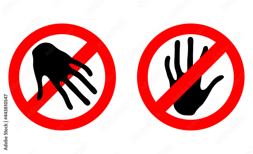 Dangerous Warning! Danger sign. Warning. Palm with open fingers against the background of a crossed out red circle. Vector illustration. Dangerous Warning! Danger sign. Warning. Palm with open fingers against the background of a crossed out red circle. Vector illustration.