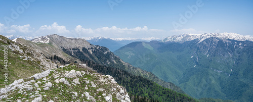 Panoramic view of Mount Mamzyshha in the Republic of Abkhazia. A clear sunny day on May 15  2021