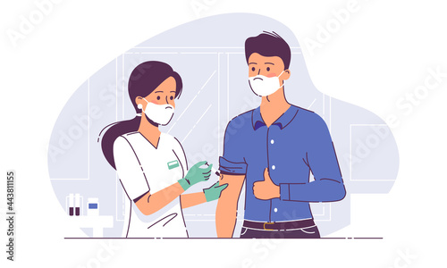 Nurse with syringe vaccinating man with anti-virus vaccine injection in hospital. Vaccination and covid prevention concept. Vector illustration in a flat style