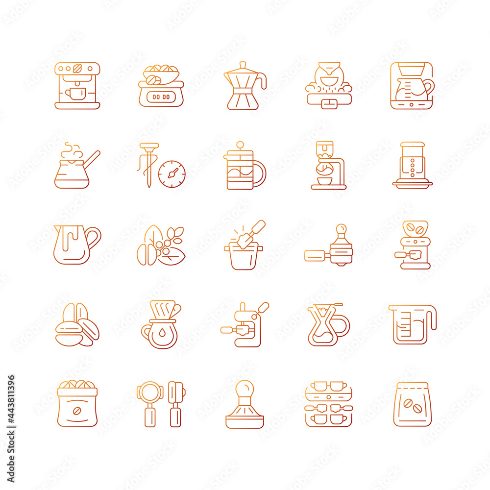 Coffee and barista accessories gradient linear vector icons set. Drip machine. French press. Cafe appliance. Thin line contour symbols bundle. Isolated vector outline illustrations collection Coffee and barista accessories gradient linear vector icons set. Drip machine. French press. Cafe appliance. Thin line contour symbols bundle. Isolated vector outline illustrations collection