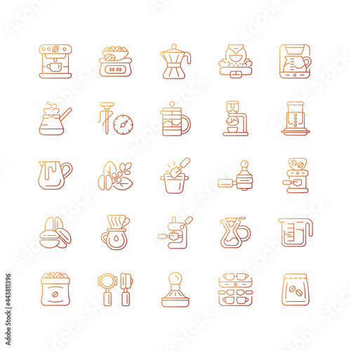 Coffee and barista accessories gradient linear vector icons set. Drip machine. French press. Cafe appliance. Thin line contour symbols bundle. Isolated vector outline illustrations collection