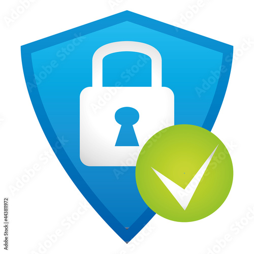 Blue glossy shield with padlock and check mark. Vector icon.