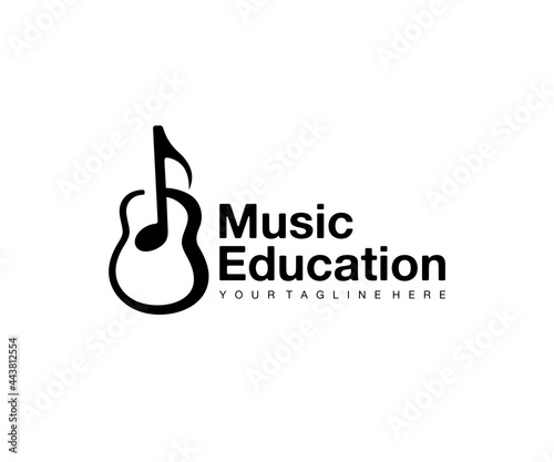 Music education, notes and guitar, logo design. Music instrument, musical school and music, vector design and illustration