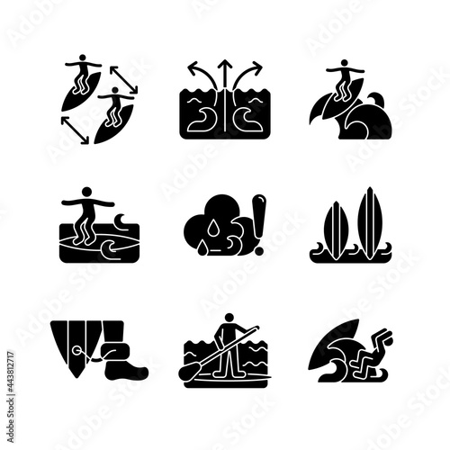 Water activities black glyph icons set on white space. Surfing maneuvers. Keeping distance between surfers. Rip currents. Floater technique. Silhouette symbols. Vector isolated illustration