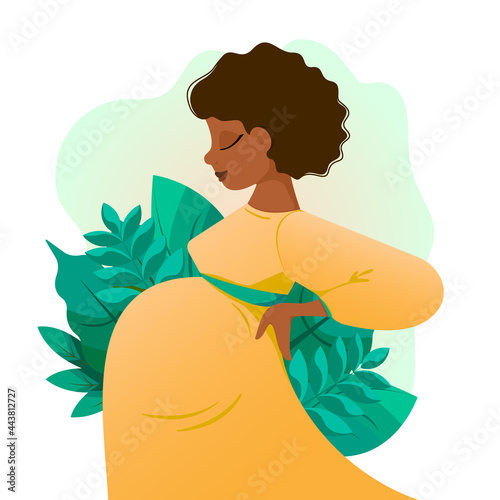 Pregnant African American woman side view. Vector illustration. The expectant mother is standing sideways. Pregnancy, big belly. Motherhood. Plants, leaves in the background.