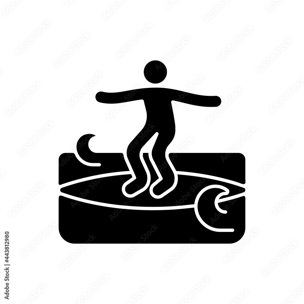Crumbly waves surfing black glyph icon. Learning surfing tricks on mushy waves. Beginner friendly conditions. Light onshore wind. Silhouette symbol on white space. Vector isolated illustration Crumbly waves surfing black glyph icon. Learning surfing tricks on mushy waves. Beginner friendly conditions. Light onshore wind. Silhouette symbol on white space. Vector isolated illustration