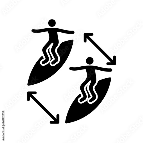 Keeping distance between surfers black glyph icon. Preventing surfing injuries. Avoid contact with other surfer board. Surfing etiquette. Silhouette symbol on white space. Vector isolated illustration