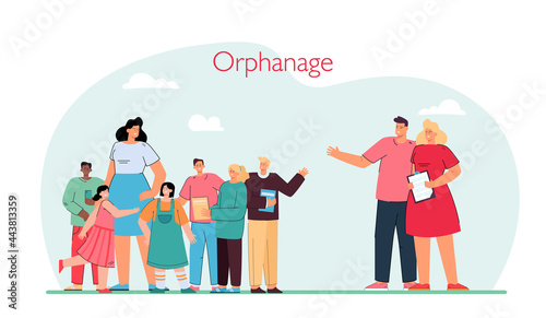 Young married couple visiting orphanage. Husband and wife looking at group of children flat vector illustration. Family  parenting  adoption concept for banner  website design or landing web page