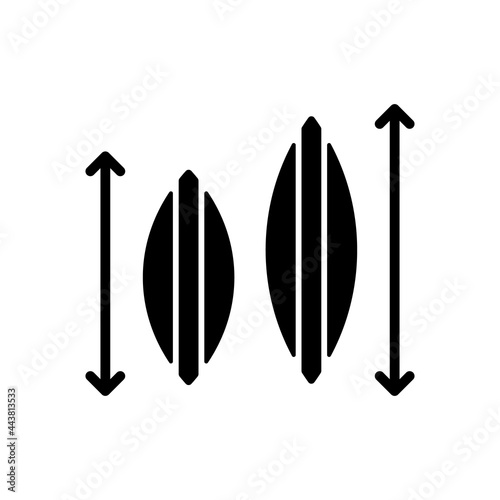 Choosing surfboard size black glyph icon. Depending on surfer weight and abilities. Shortboard, longboard. Pick board for catching waves. Silhouette symbol on white space. Vector isolated illustration