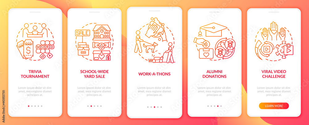 Gathering money events onboarding mobile app page screen. Work-a-thons walkthrough 5 steps graphic instructions with concepts. UI, UX, GUI vector template with linear color illustrations