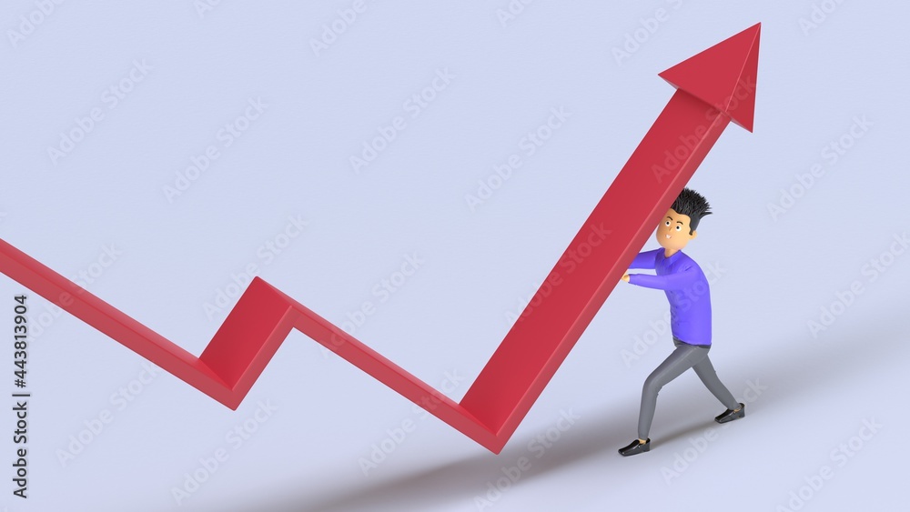 businessman tries to push the financial arrow chart upwards. Financial crisis concept. 3d render businessman tries to push the financial arrow chart upwards. Financial crisis concept. 3d render
