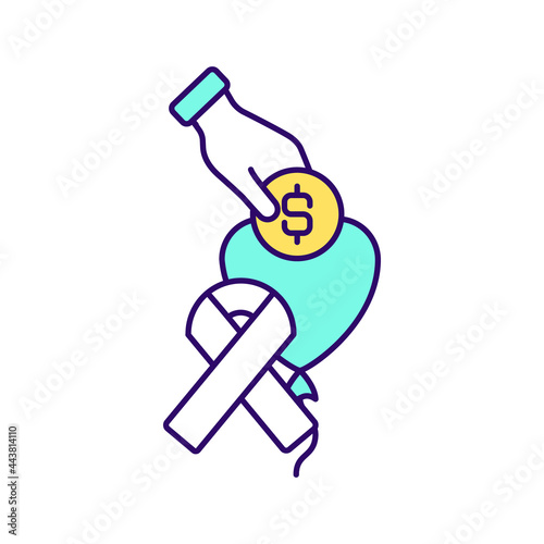 Healthcare philanthropy RGB color icon. Mental health support. Isolated vector illustration. Helping international non profit organizations. Awareness ribbon simple filled line drawing