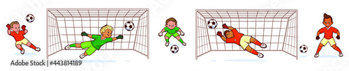 Children teenage soccer goalkeepers catching the ball on the background of the soccer goal.Vector illustration in cartoon style, set of isolated figures on a white background