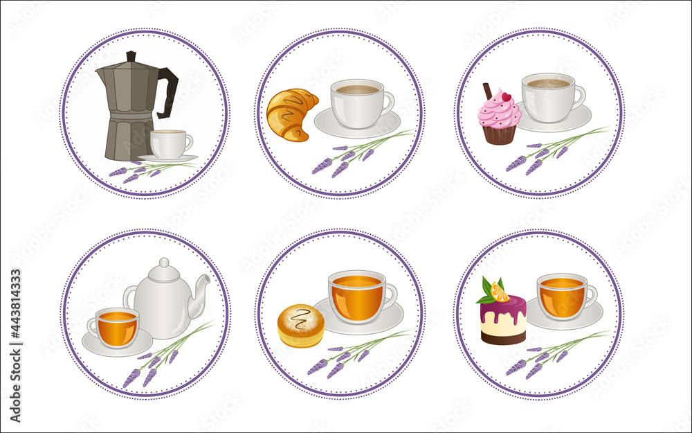 Set of icons for cafes with a sprig of lavender.Web icons. Social Media icons. Story Highlight Covers. Vector illustration. Set of icons for cafes with a sprig of lavender.Web icons. Social Media icons. Story Highlight Covers. Vector illustration.