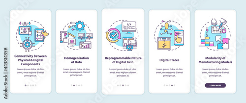 Digital twin characteristics onboarding mobile app page screen. Connectivity walkthrough 5 steps graphic instructions with concepts. UI, UX, GUI vector template with linear color illustrations