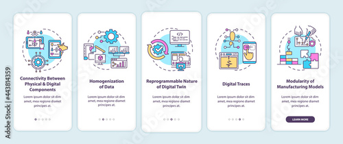 Digital twin characteristics onboarding mobile app page screen. Connectivity walkthrough 5 steps graphic instructions with concepts. UI, UX, GUI vector template with linear color illustrations