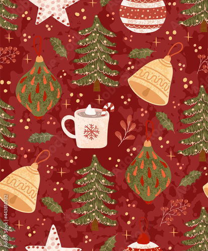 Vector seamless pattern with colorful illustrations of Christmas items. Use it for textile print, pattern fills, web page, wrapping paper, design of presentation and other graphic design
