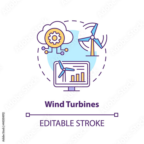 Wind turbines concept icon. Digital twin application by industry. Eco electricity source. Energy generator abstract idea thin line illustration. Vector isolated outline color drawing. Editable stroke