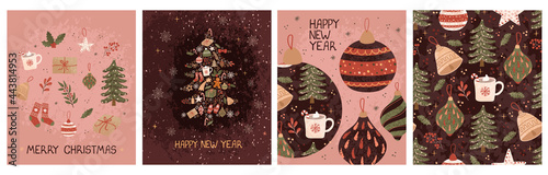 Merry Christmas colorful vector set with christmas greeting card with illustration of Christmas tree, Christmas ball toys and Seamless pattern. Use as invitation, poster, banner, other graphic design photo