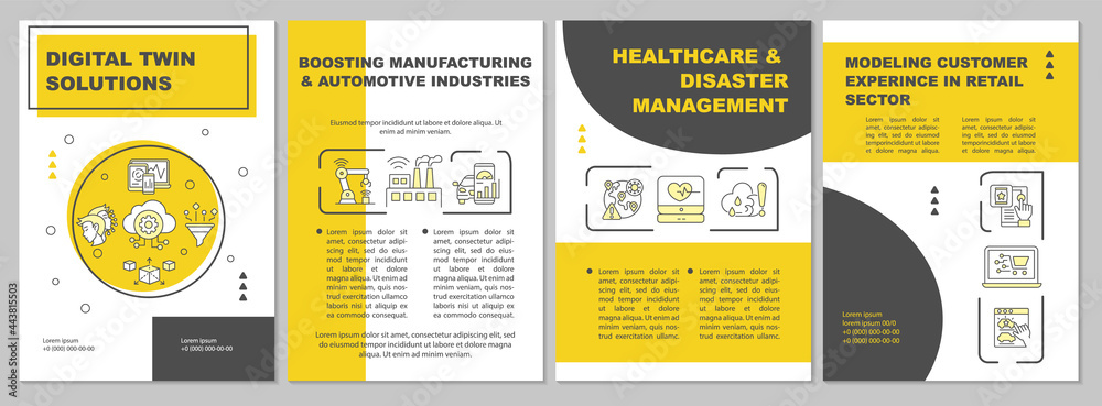 Digital twin solutions brochure template. Automative manufacture. Flyer, booklet, leaflet print, cover design with linear icons. Vector layouts for presentation, annual reports, advertisement pages Digital twin solutions brochure template. Automative manufacture. Flyer, booklet, leaflet print, cover design with linear icons. Vector layouts for presentation, annual reports, advertisement pages