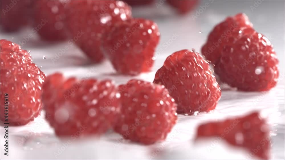 Raspberries Rolling Down on White Background. Slow Motion Raspberries Rolling Down on White Background. Slow Motion