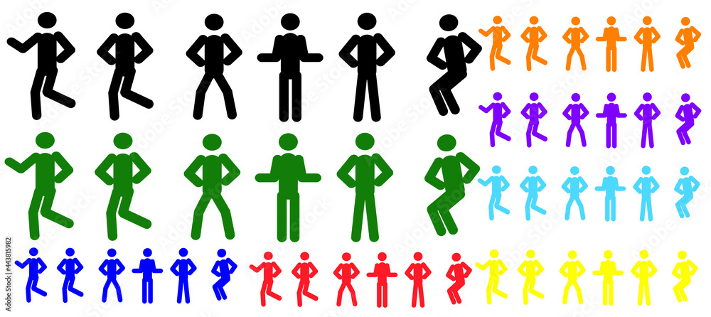Multi-colored sets of active dancing pictograms of a person in different poses, isolated on a white background, flat design style.