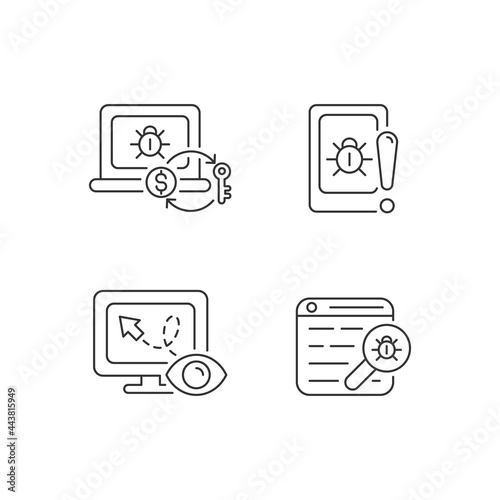 Internet censorship linear icons set. Ransomware. Cell phone bugging. Web bug. Location tracking. Customizable thin line contour symbols. Isolated vector outline illustrations. Editable stroke