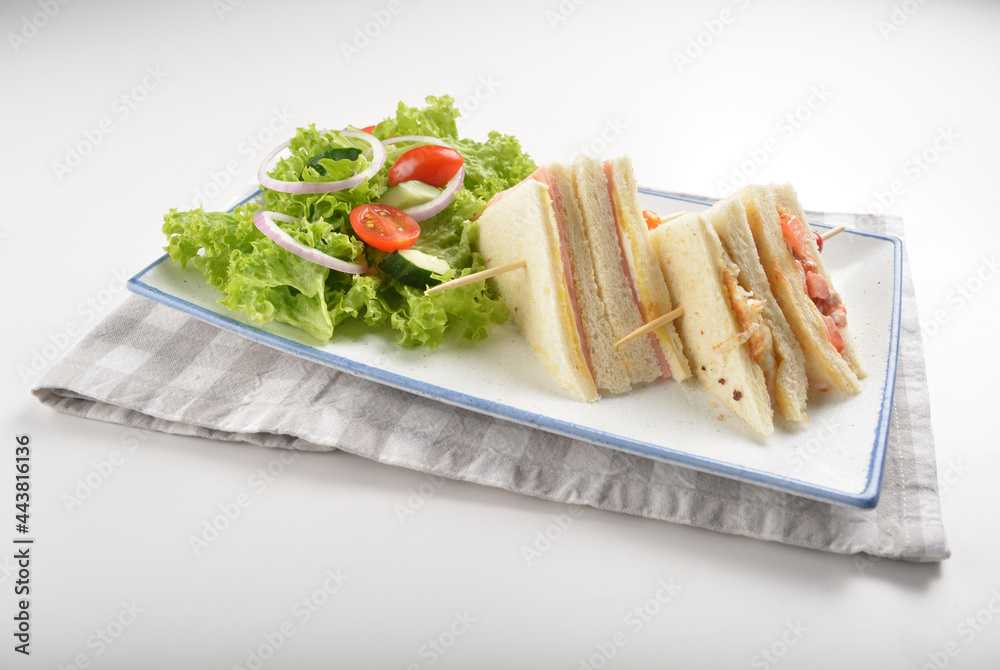 assorted sandwiches club with ham, cheese and mayo egg with salad in white background western halal menu assorted sandwiches club with ham, cheese and mayo egg with salad in white background western halal menu